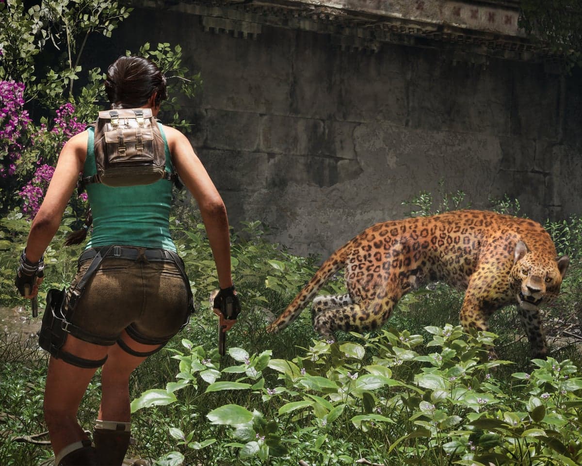 Lara Croft crouches with two pistols, facing a growling leopard in dense jungle foliage