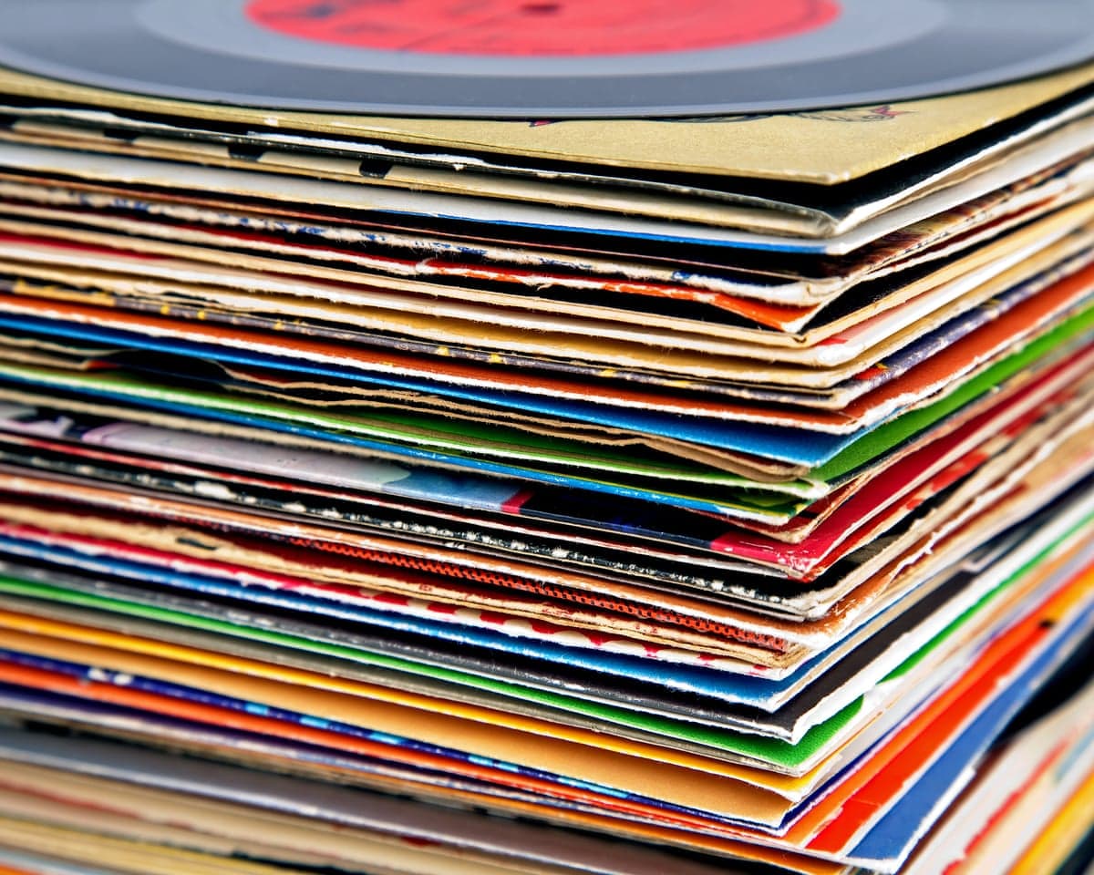 Close up of a pile of old vinyl records