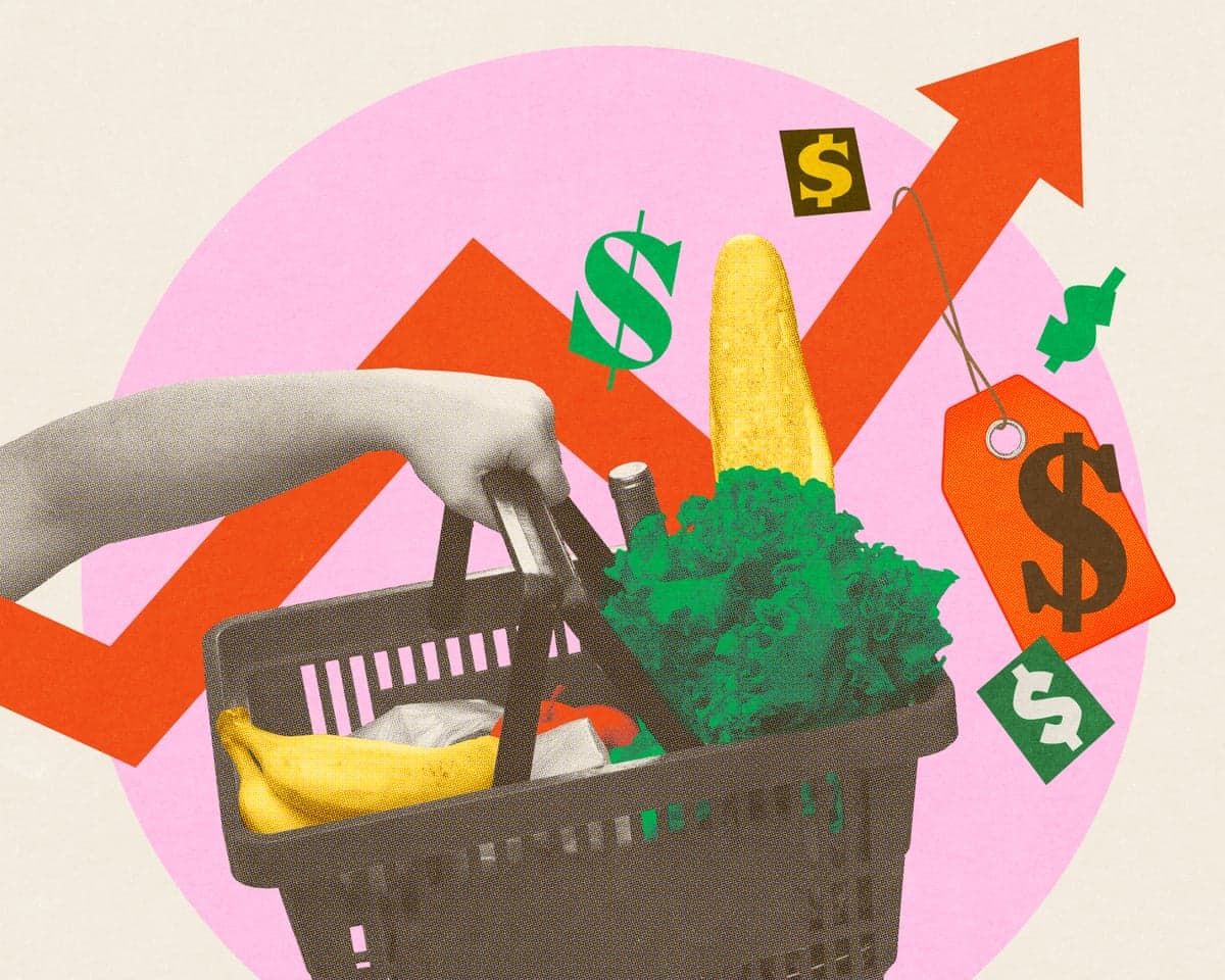 Shopping basket filled with groceries against background of rising price indicators and dollar symbols, representing inflation.