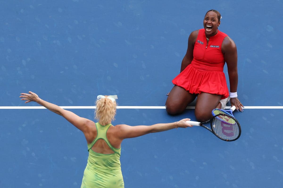 Katerina Siniakova and Taylor Townsend celebrate after defeating Ashlyn Krueger and Robin Montgomery in the US Open women’s doubles final on Friday.