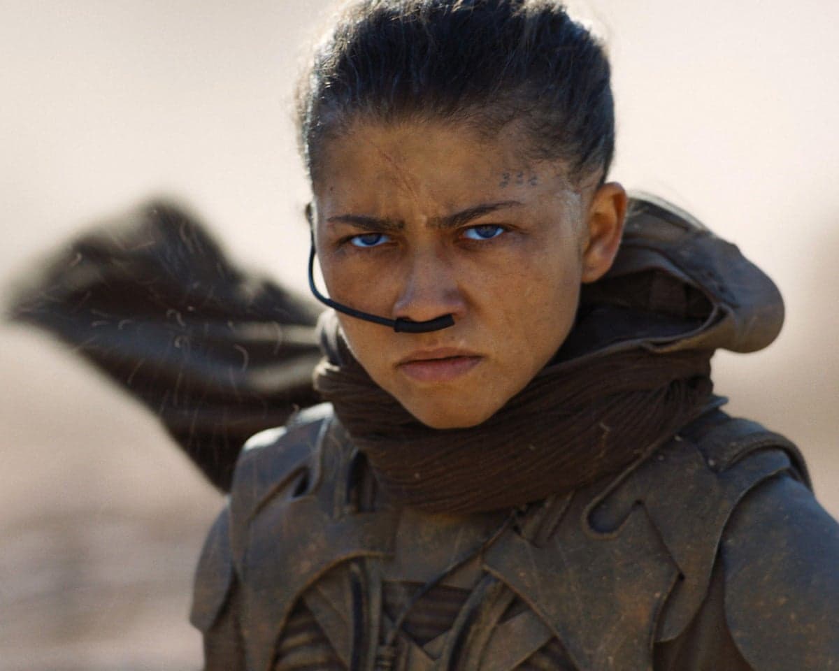 In character as Chani, she stands in a desertscape and stares intently into the distance