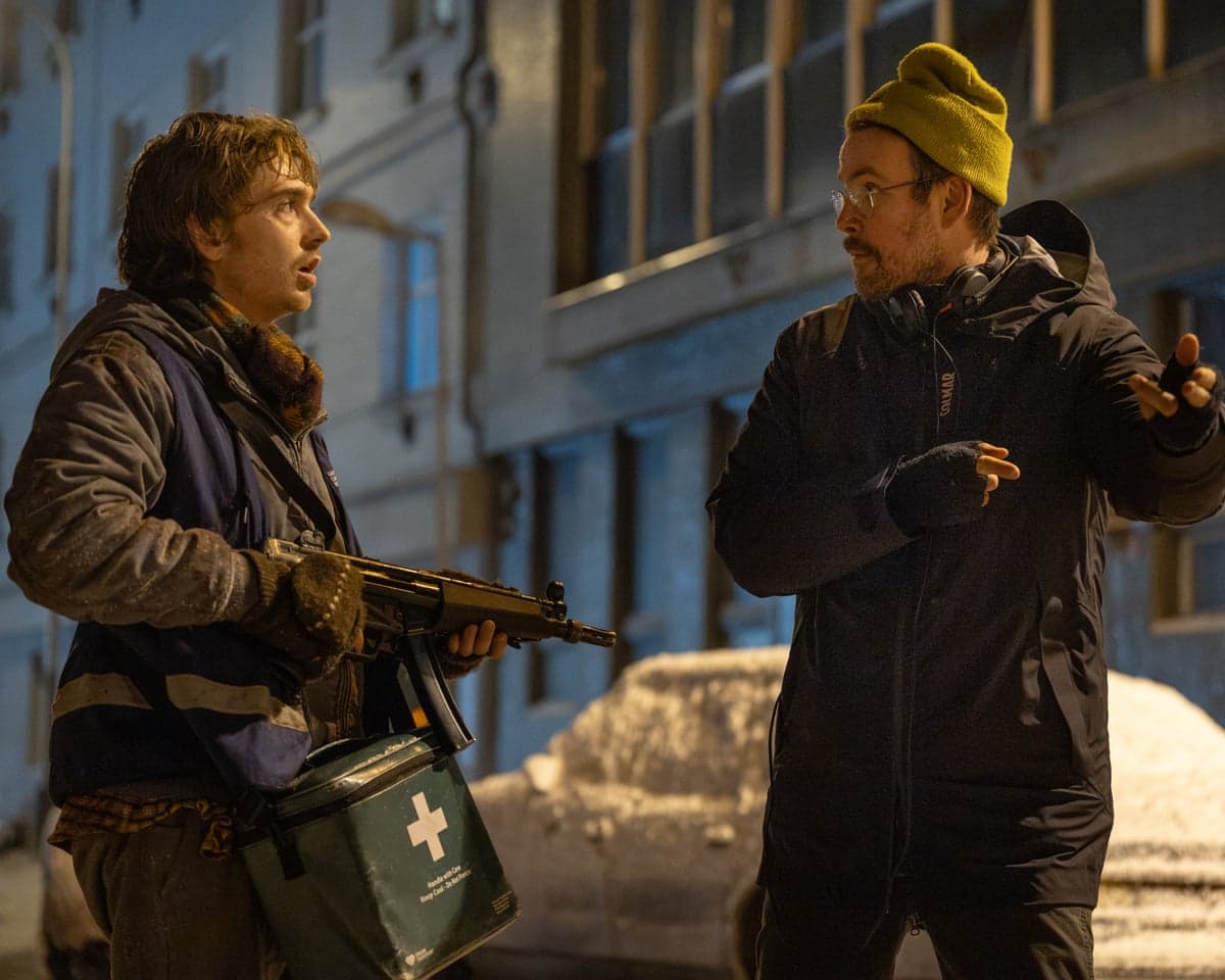 Austin Abrams (left) and Zach Cregger on the set of Resident Evil.