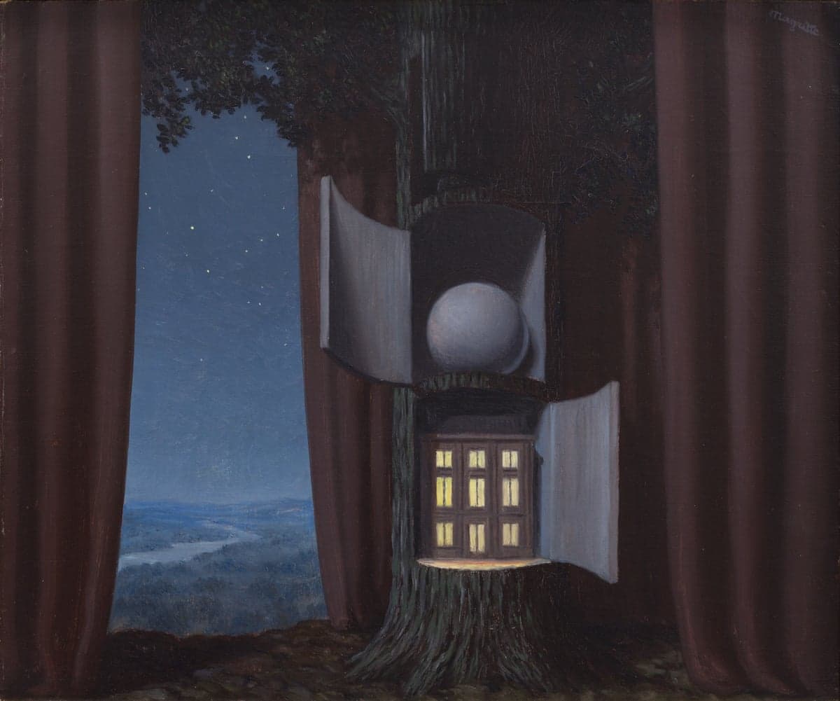 Magritte's surreal painting: curtains frame a tree with a lit window and floating sphere over a night landscape