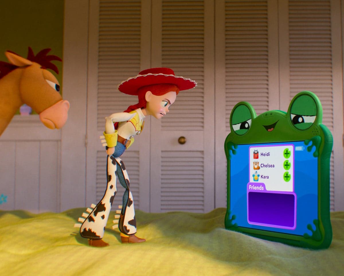 From left: Bullseye (voiced by Alan Cumming), Jessie (voiced by Joan Cusack), and Lilypad (voiced by Greta Lee) in Toy Story 5.
