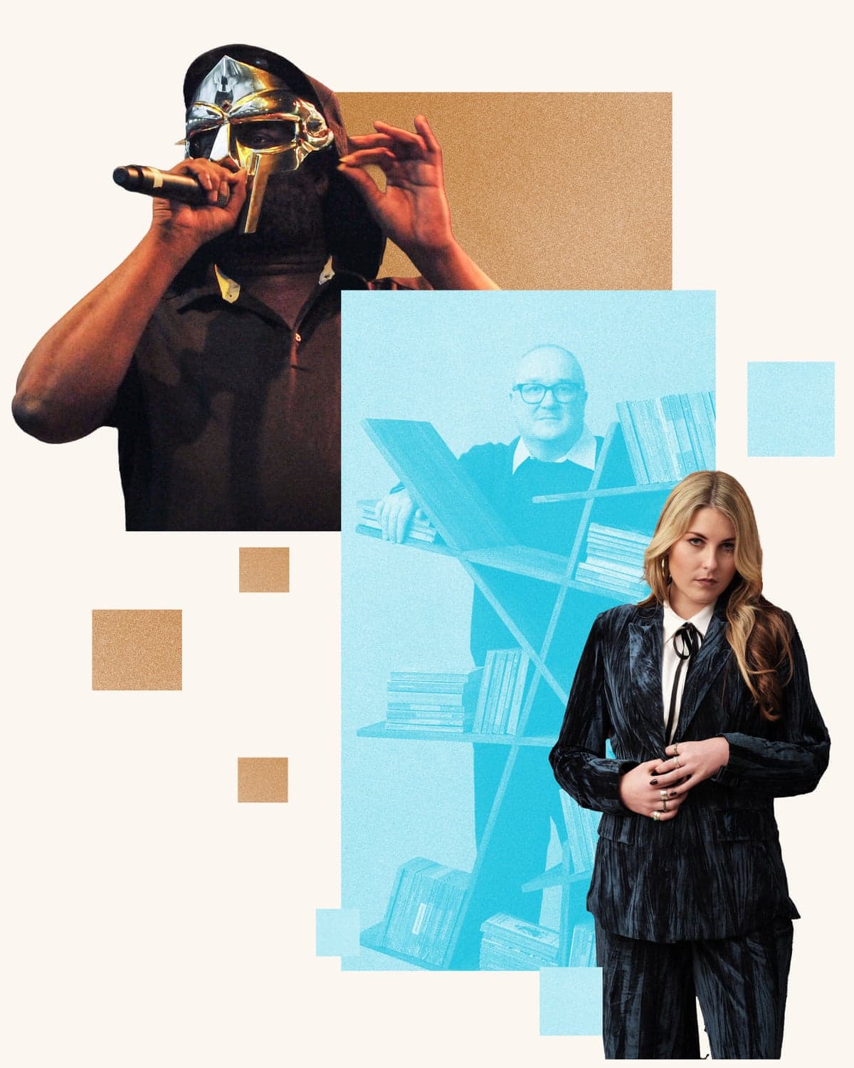 Collage of three people: rapper MF Doom with a microphone and the hosts of the Book Club podcast – Tabitha Syrett and Dominic Sandbrook