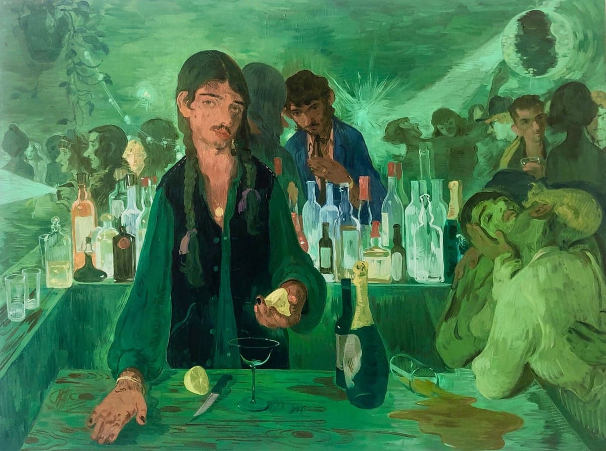 Painting of a bartender with long braids extending a drink garnish across a bar, in green light