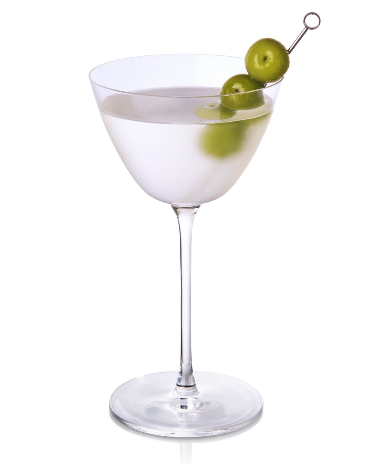Legare’s bay leaf martini with olives in a glass.
