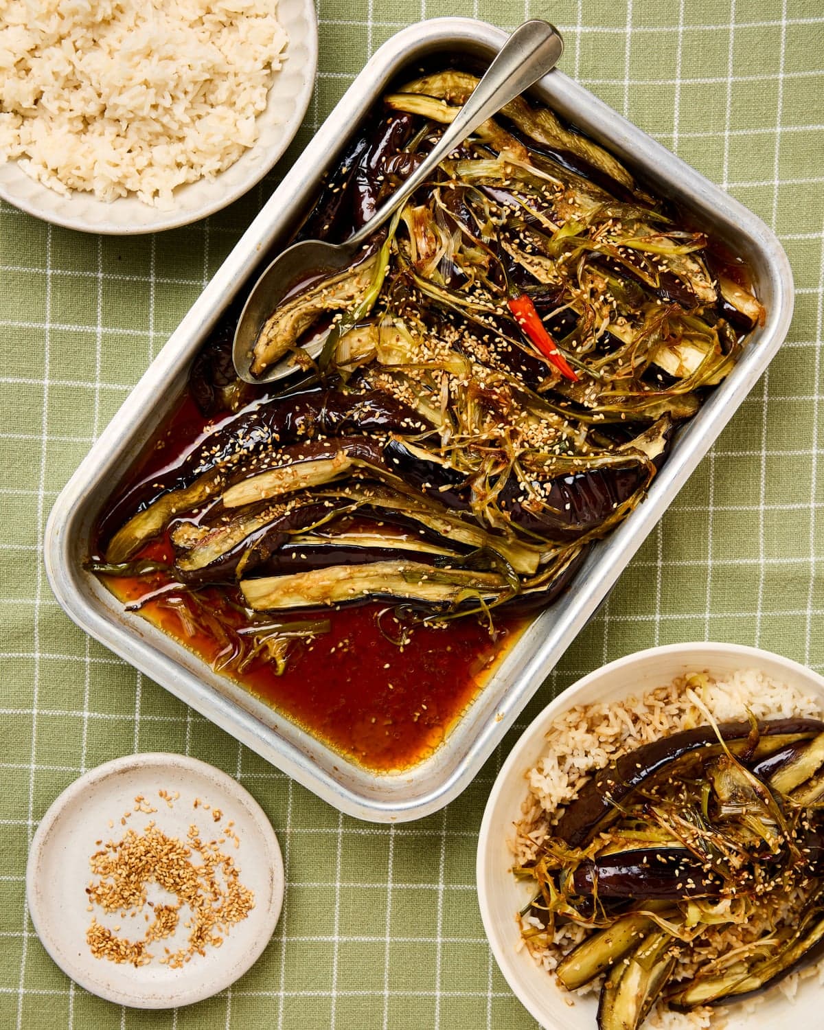 soy sauce, sake and sesame oil-braised aubergines