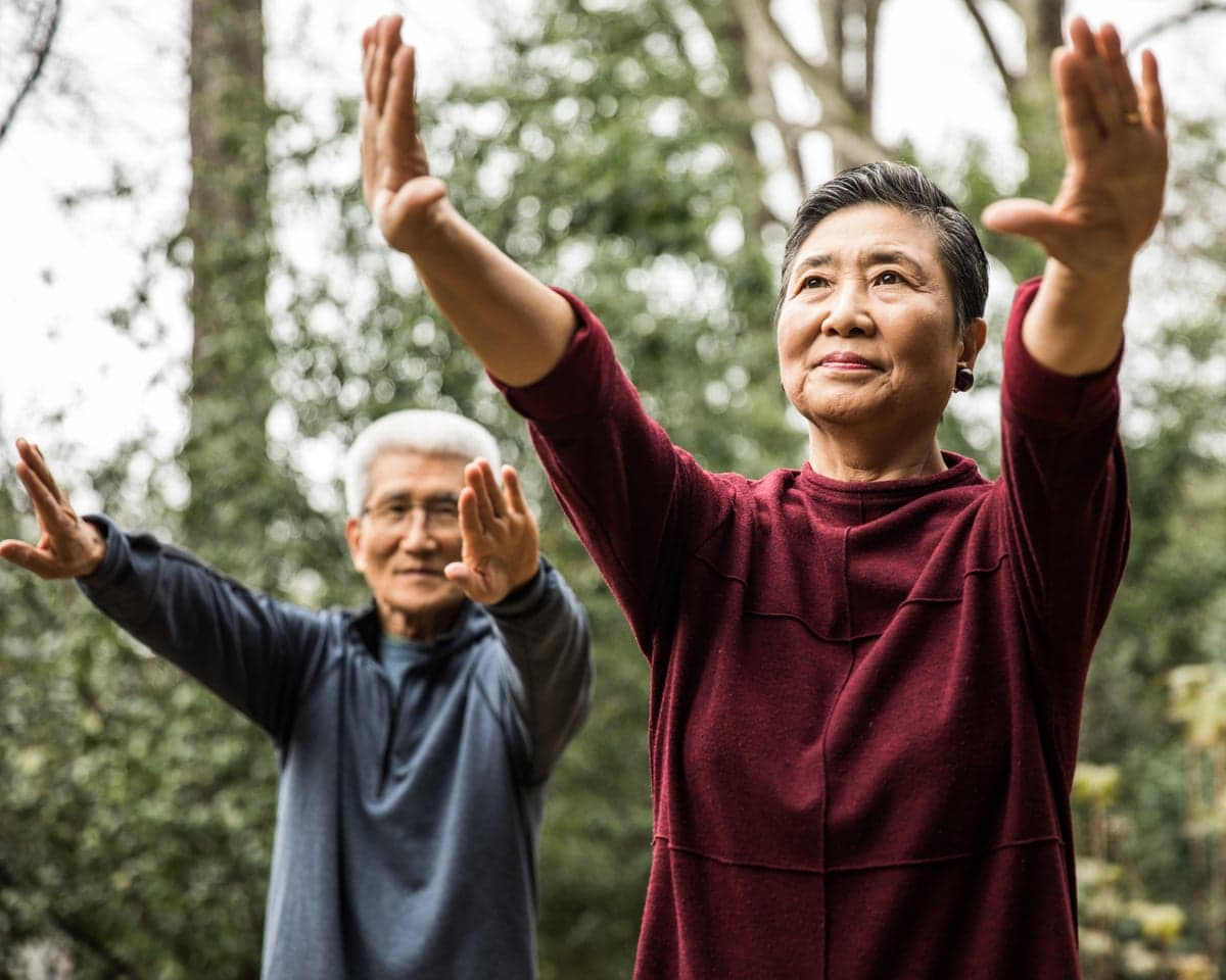 a couple practising tai chi outdoors