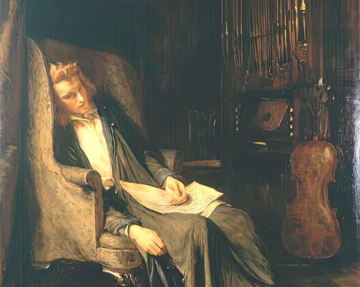Painting of a young male composer sitting in an armchair, holding sheet music near a cello.