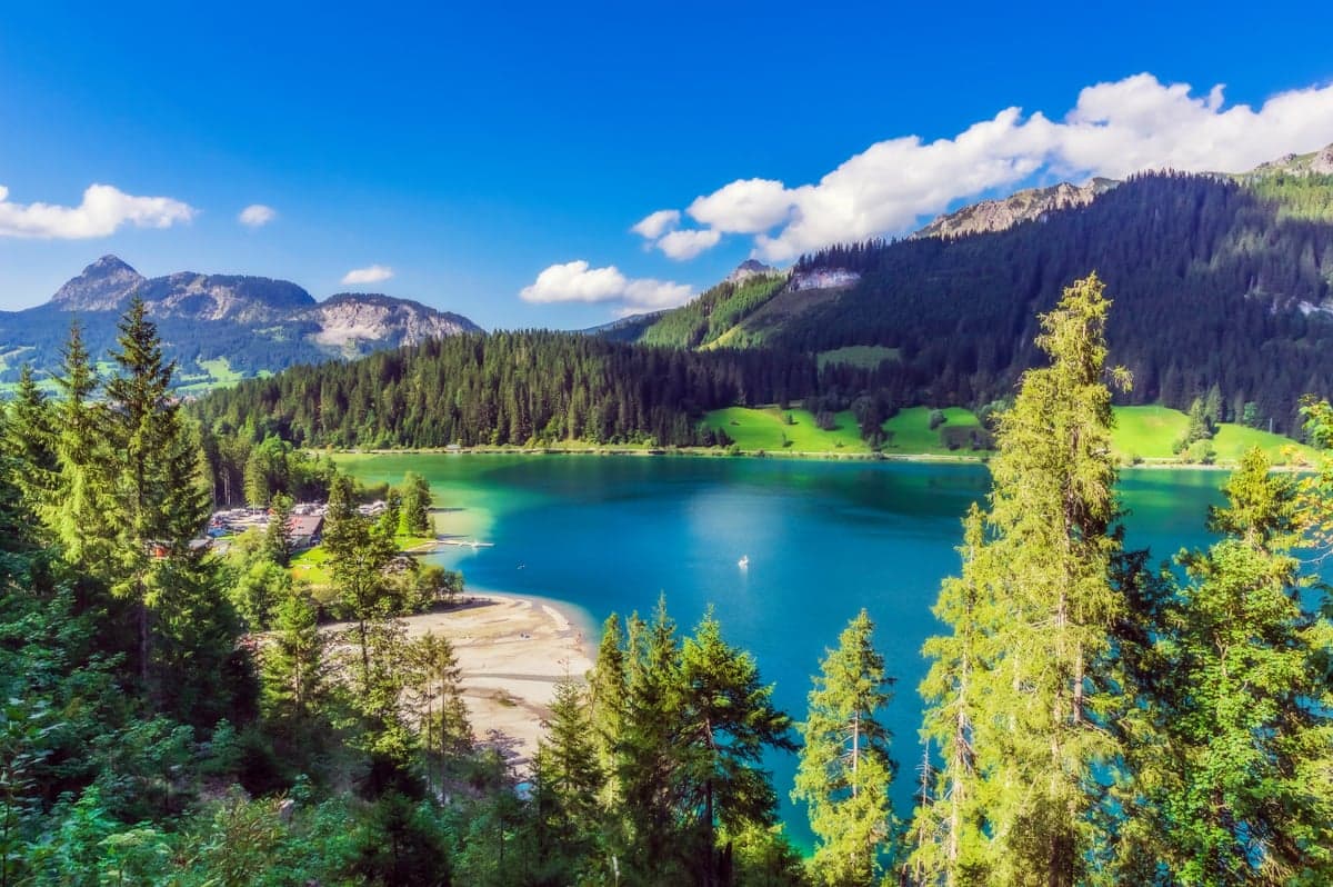 Beautiful gleaming lake, trees and mountainside on sunny day.