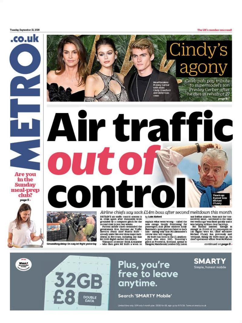 "Air traffic out of control" reads the headline on the front page of Metro.