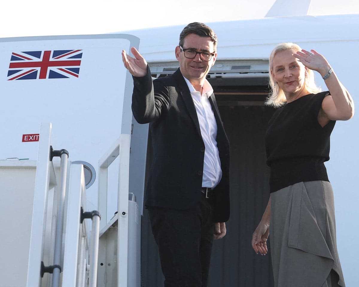 Andy Burnham and his wife Marie-France van Heel board a plane for the United States, ahead of attending the 81st United Nations General Assembly (UNGA).
