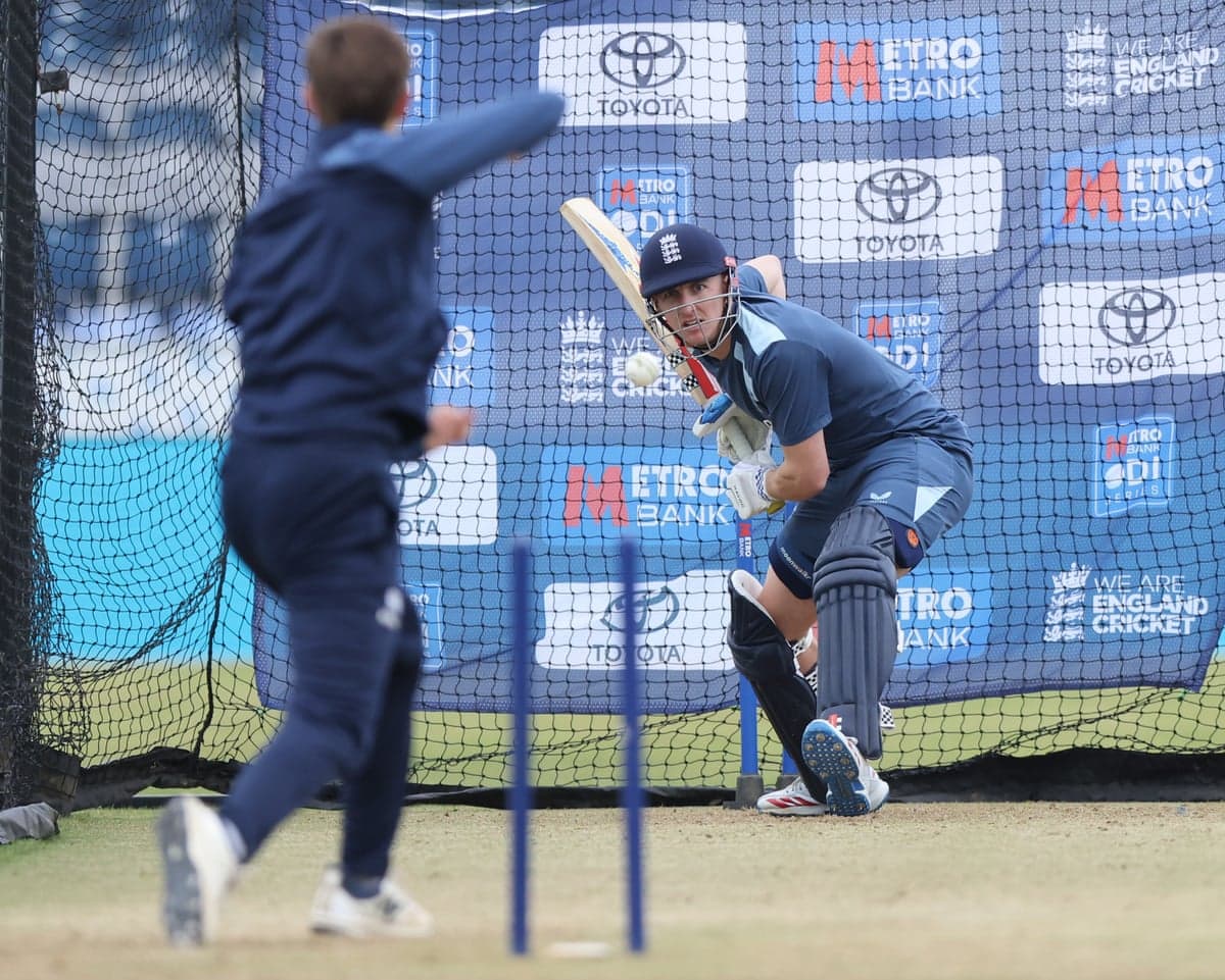 Harry Brook during a nets session in Durham