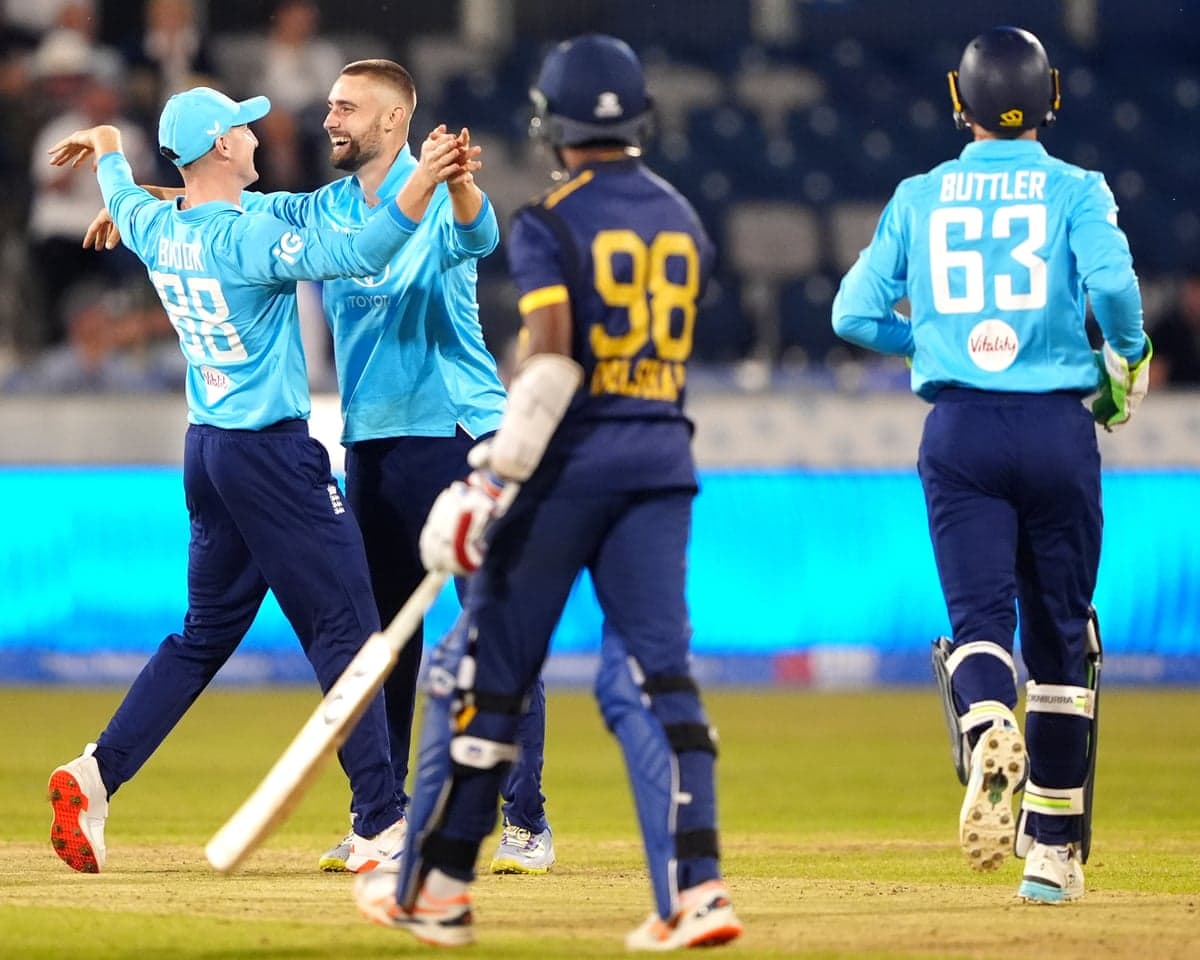 England's Harry Brook and Will Jacks celebrate taking the wicket of Sri Lanka's Dilshan Madushanka to complete a comfortable win.
