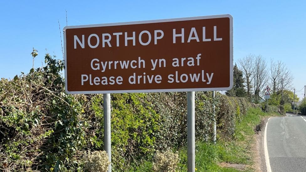 Photograph of a road sign reading: "Northop Hall. Gyrrwch yn araf. Please Drive slowly".