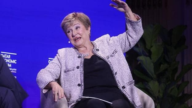 Kristalina Georgieva, managing director of the IMF, speaking during the Qatar Economic Forum in New York, US, this month. She sitting down in a chair explaining her answer to a question as she raises her left arm above her head.