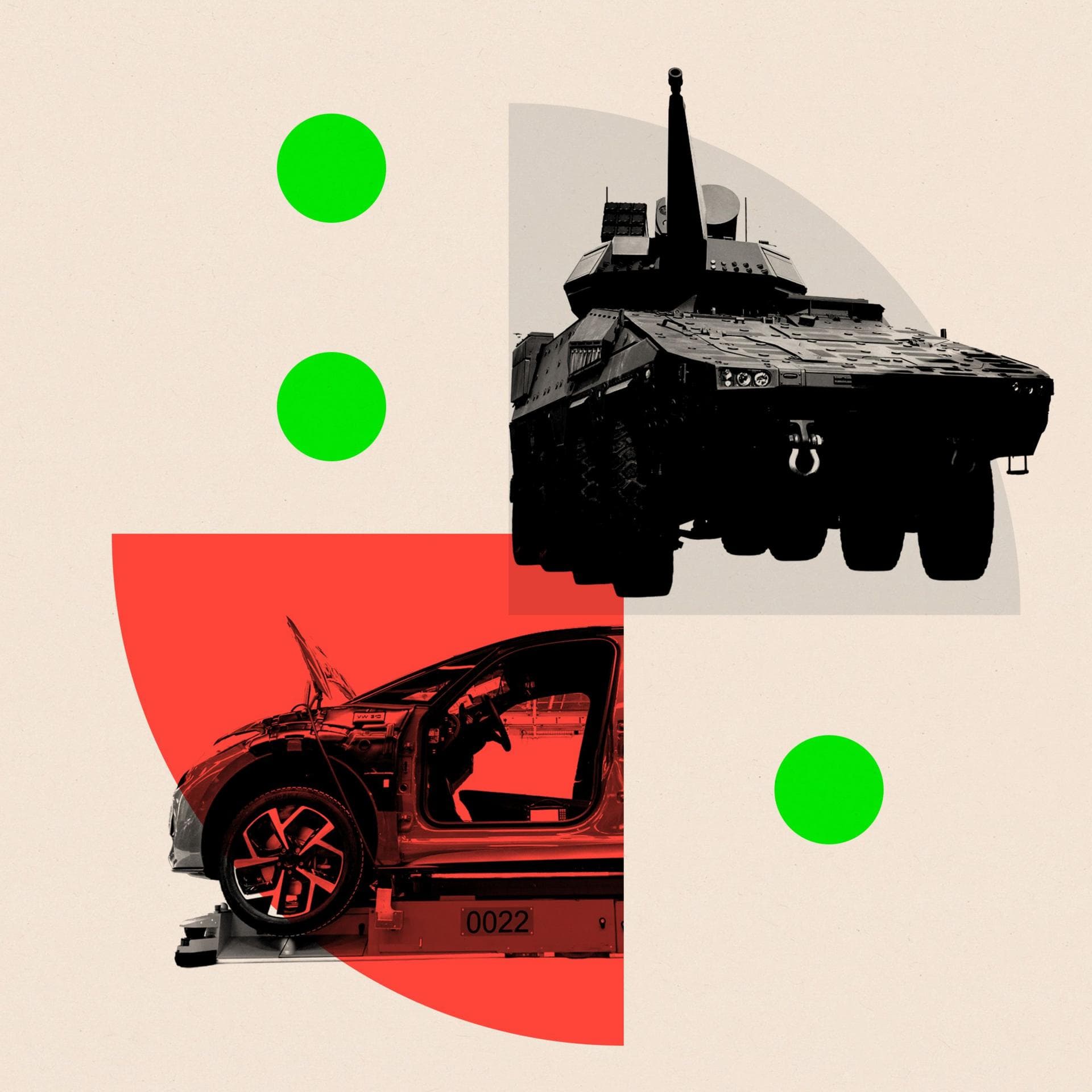 Montage image showing a GTK boxer armoured fighting vehicle in the top-right hand corner with a grey background, and a Volkswagen being assembled with a red backdrop in the bottom-left corner. There are two green dots to the top left and one green dot at the bottom right.