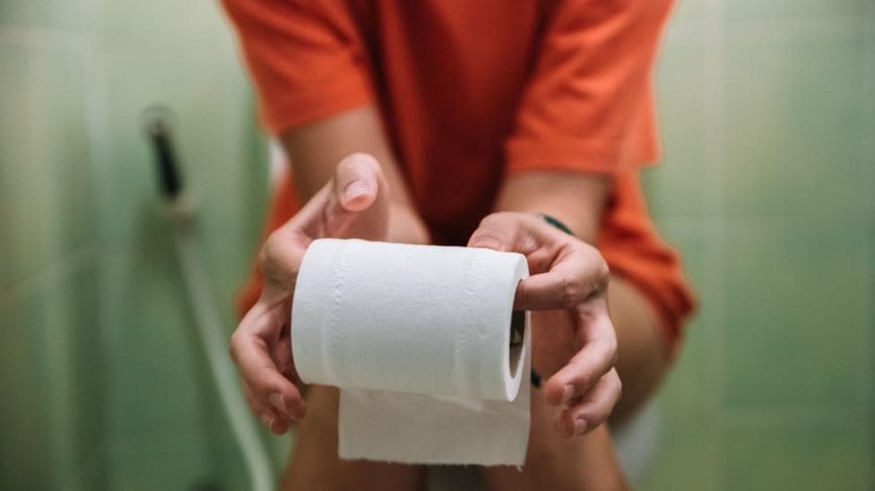 A teenage girl sits on the toilet, holding toilet paper in her hands