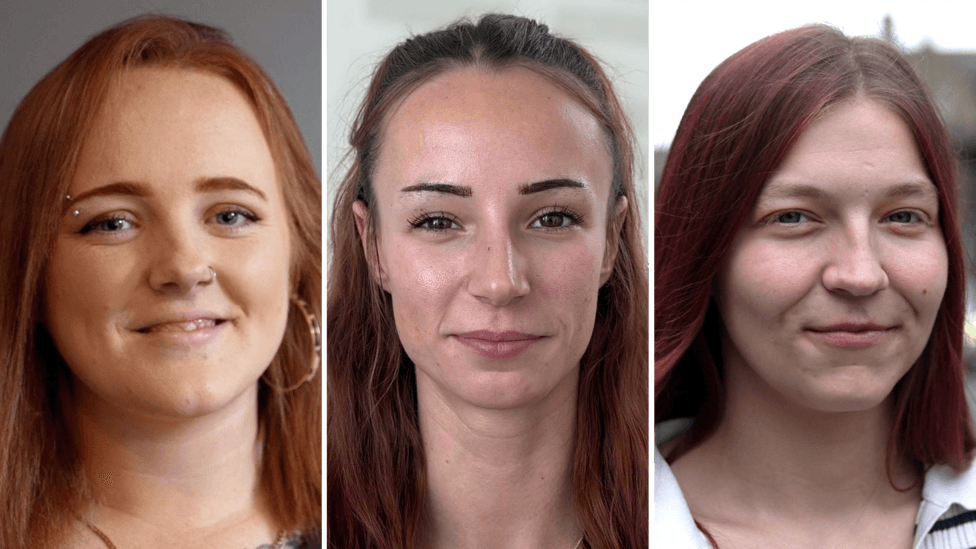 A three-way split pic showing headshots of three young women looking straight at the camera.