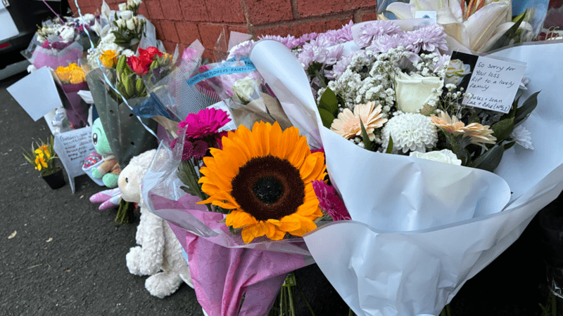 Dozens of tributes, including flowers, cards and toys and the ribbons of a pink and blue star-shaped balloon can be seen laid out on the pavement next to a brick wall.