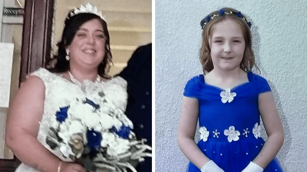 A composite image of Natalie McDonald and Valentina Foster. McDonald is wearing a white wedding dress with a tiara perched on her head. She has long dark hair and is holding a bouquet of white roses with four blue ones dotted within it. Valentina wears an electric blue dress with white flowers on the neckline and waist. She has long light brown hair with a blue and white headband. She is holding a small white basket with white and blue roses and she wears white gloves.