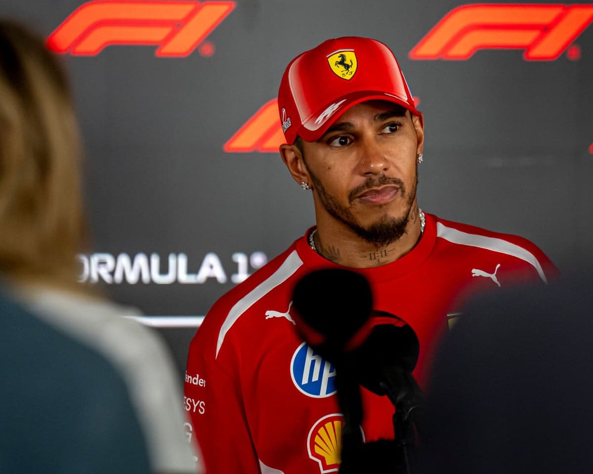 Lewis Hamilton speaks to the media before the Azerbaijan Grand Prix.