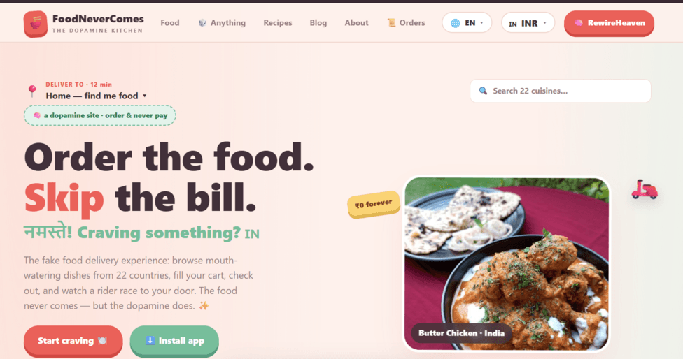 The landing page of FoodNeverComes' website, asking people to order the food but "skip the bill"