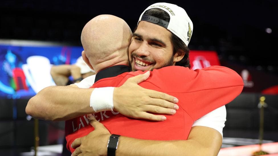 Carlos Alcaraz hugs Andre Agassi at the Laver Cup