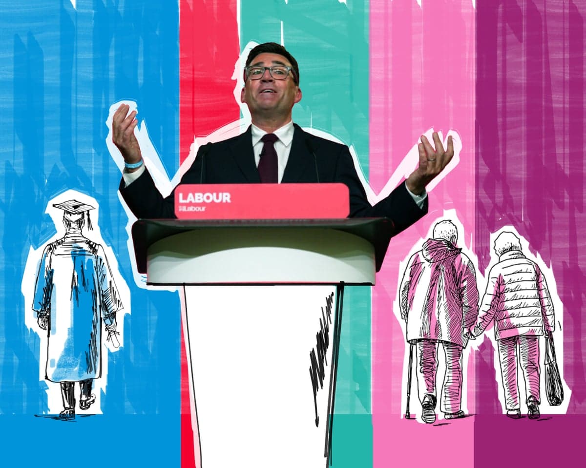 Andy Burnham at a podium with some of the voter group illustrations in the background.
