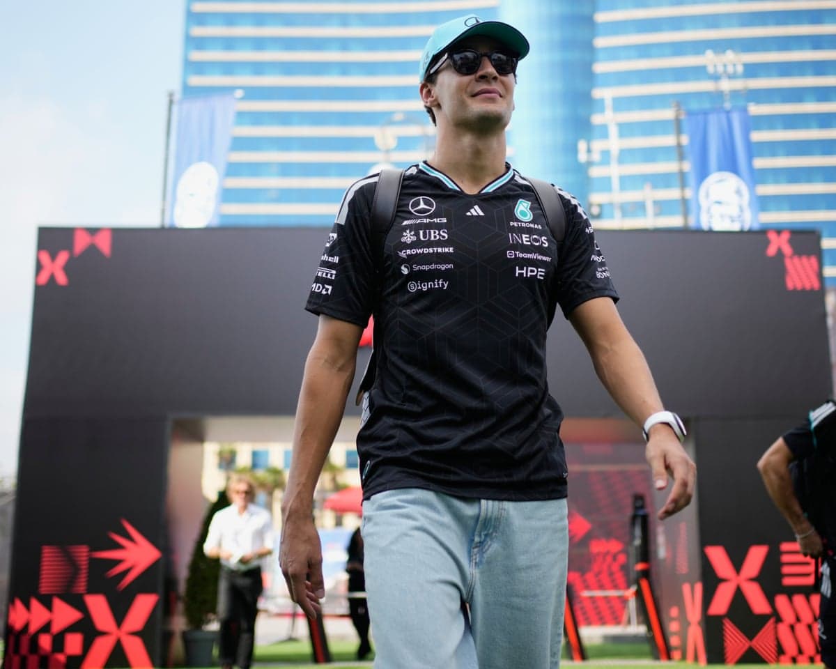 George Russell arrives at the paddock before practice at the Azerbaijan Grand Prix in Baku.