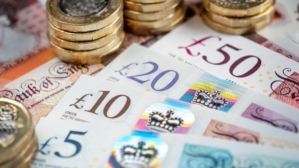 Pound coins and a 5,10,20 and 50 pound note