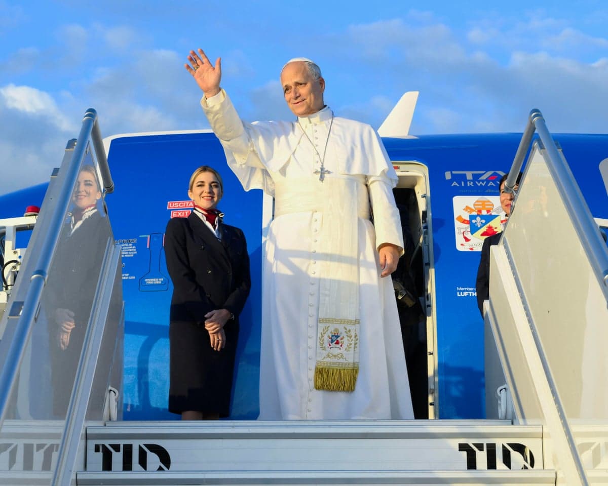 Pope Leo boarding a plane from Fiumicino Airport, Rome