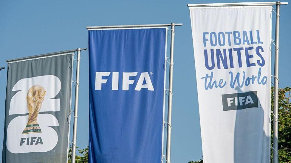 Fifa flags outside its global headquarters in Zurich, Switzerland, in July 2026