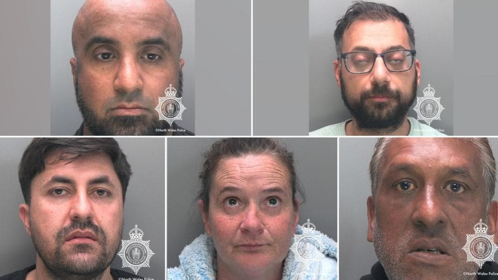 Composite image of custody pictures (Clockwise from top left) Mustafa Iqbal - bald with beard, Mohamed Arshad - with glasses and beard, Jaswinder Singh, greying hair and grey stubble, Sarah Gray, woman with hair pulled back wearing a blue and white fleece or dressing gown, and Ziaullah Badshah, younger Asian man with short beard