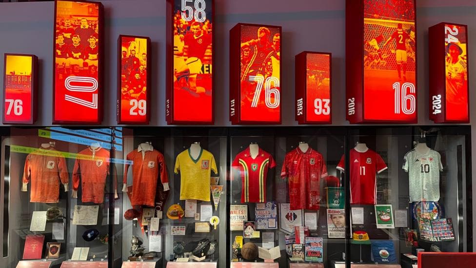 A mixture of Welsh football shirts and objects throughout the decades.