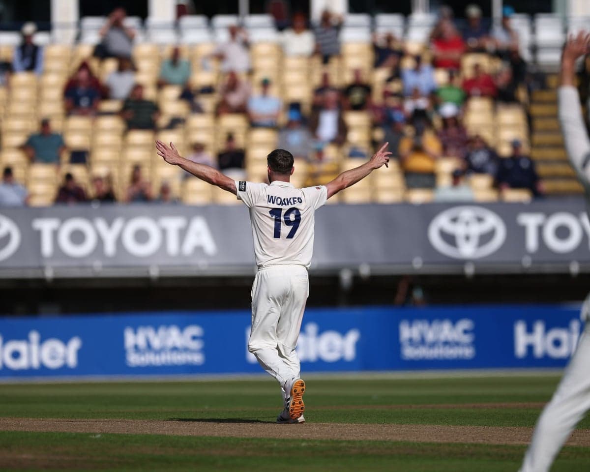 Warwickshire's Chris Woakes appeals during the County Championship match.