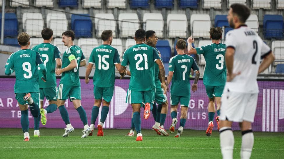Northern Ireland players celebrate Shea Charles goal