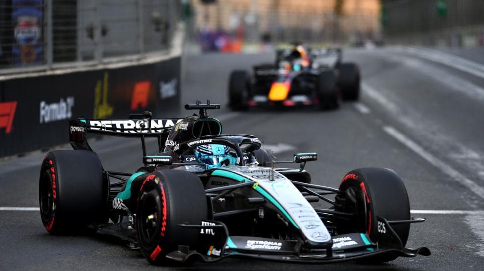 Mercedes' George Russell with Red Bull's Max Verstappen right behind during the Azerbaijan Grand Prix