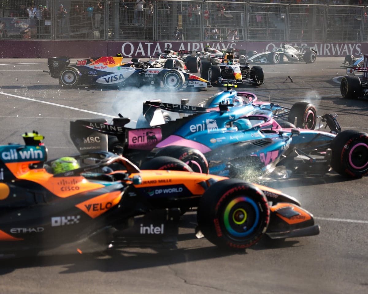 The aftermath of the crash caused by Franco Colapinto (centre, in Alpine) where he hit and pushed teammate Pierre Gasy into McLaren’s Lando Norris (foreground) after the restart in the Azerbaijan Grand Prix.