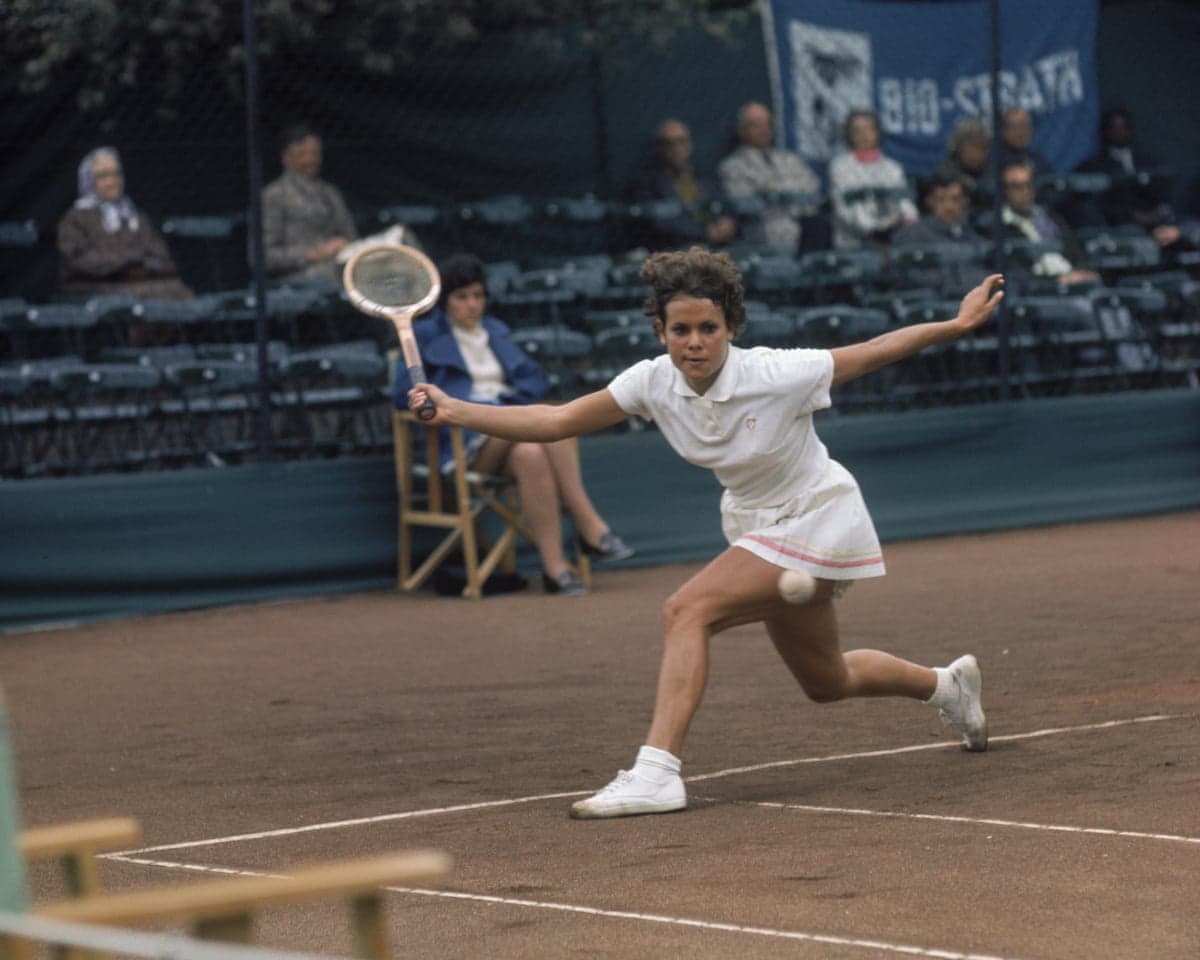 Australian tennis player Evonne Goolagong competes at the Queen’s Club in London, circa 1970