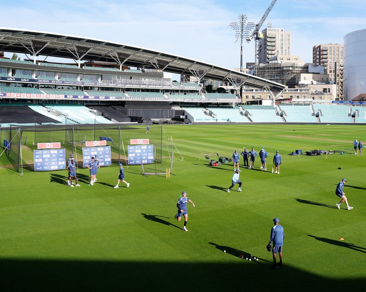 A general view of England players and staff during a nets session at the Oval