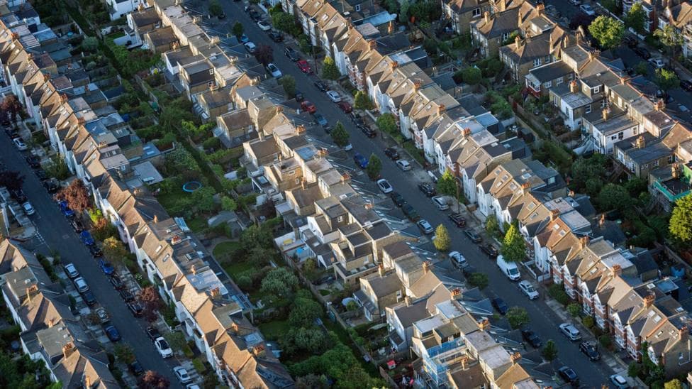 An aerial view of terraced houses in south west London.