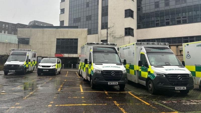 Five ambulances outside Aberdeen Royal Infirmary.