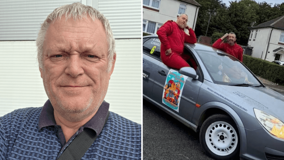 A composite image shows a head-and-shoulders photograph of Rob Hassan wearing a dark-blue collared top against a pale grey background. Beside it is a photograph of a grey hatchback car decorated with stickers and signage for a charity drive to Barcelona. Two people in red outfits are pictured leaning on and standing through the roof opening of the vehicle in a suburban street lined with houses.