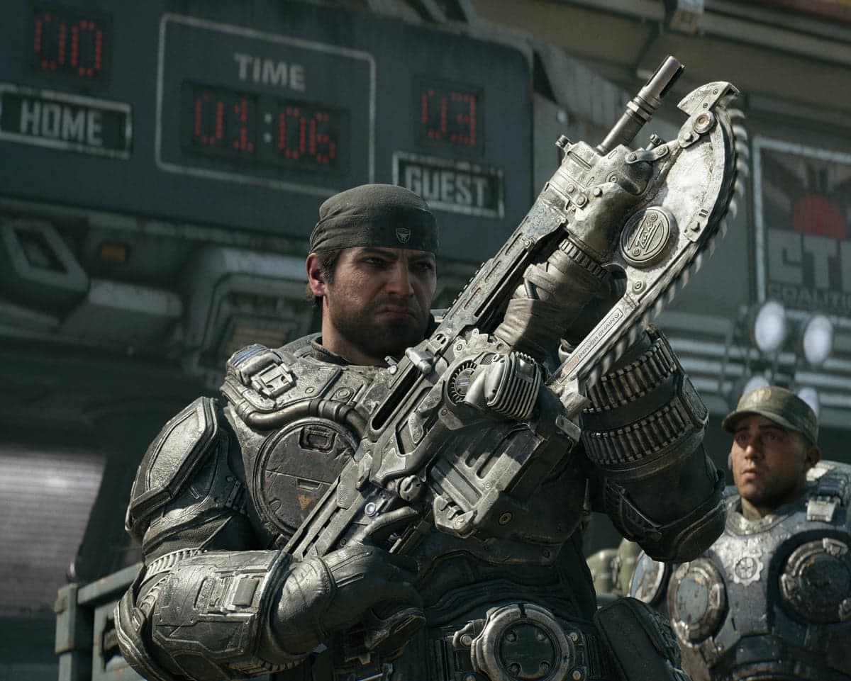 Marcus, in armour, raises a rifle with a chainsaw blade attachment; another soldier stands behind