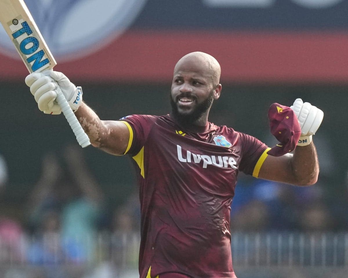 West Indies' John Campbell celebrates his century during the second ODI against India