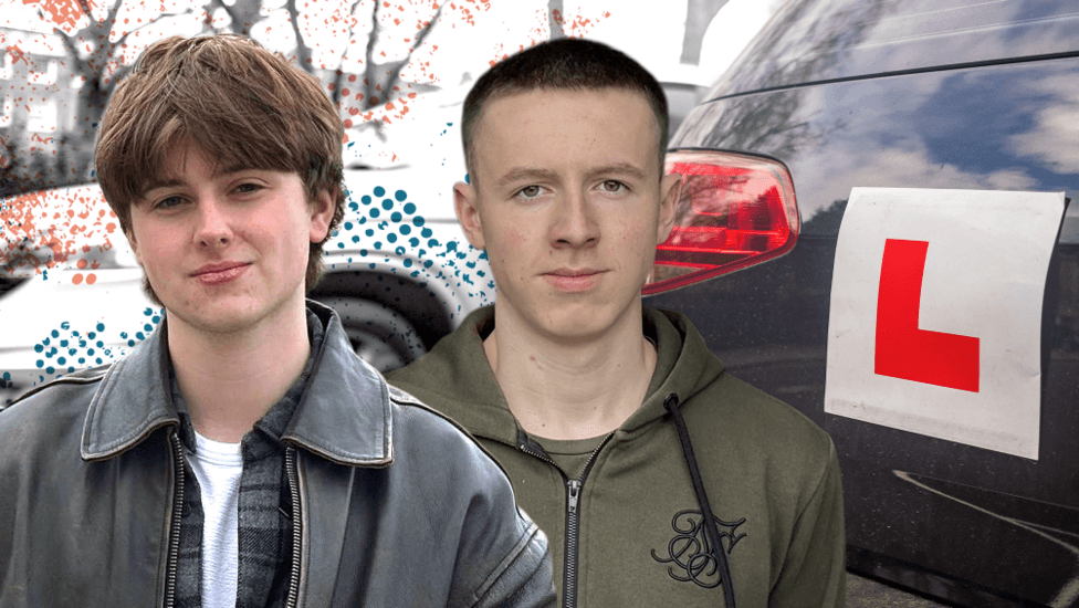 Two young people stand beside a learner plate
