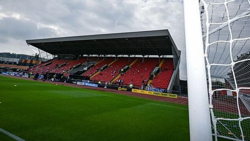 A view of one of the stands at Gateshead International Stadium with the goalpost and netting in the right-hand side of the shot