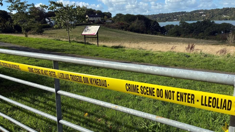 A gate with yellow crime scene tape over it. Behind the gate is a field surrounded by green trees and a river.